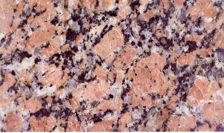 Fig. 2 Esempio di Granito. I minerali rossi sono costituiti da K-Feldspato (Ortoclasio), i cristalli grigi da quarzo, i neri, di forma lamellare da Biotite Effusive Porfido. Roccia effusiva acida.