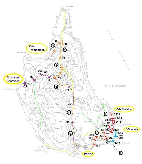 Itinerario 1 Colore: Rosso Nome: Cala Minnola - Cala Nucidda Percorso: da Paese a Cala Minnola - da Cala Minnola a Cala Nucidda Tipologia: Naturalistico Zone d interesse: Zone Panoramiche e balneari