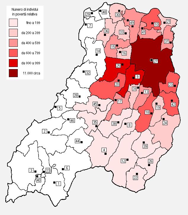 La distribuzione territoriale dei poveri nei comuni della Diocesi Figura 12 Persone in condizione di povertà relativa residenti nei