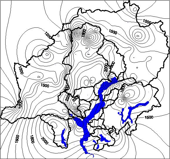 Fig. 1.2. Isoiete del bacino Lago Maggiore per l anno 2009. 1.1.2. Deflussi Nella tabella 1.