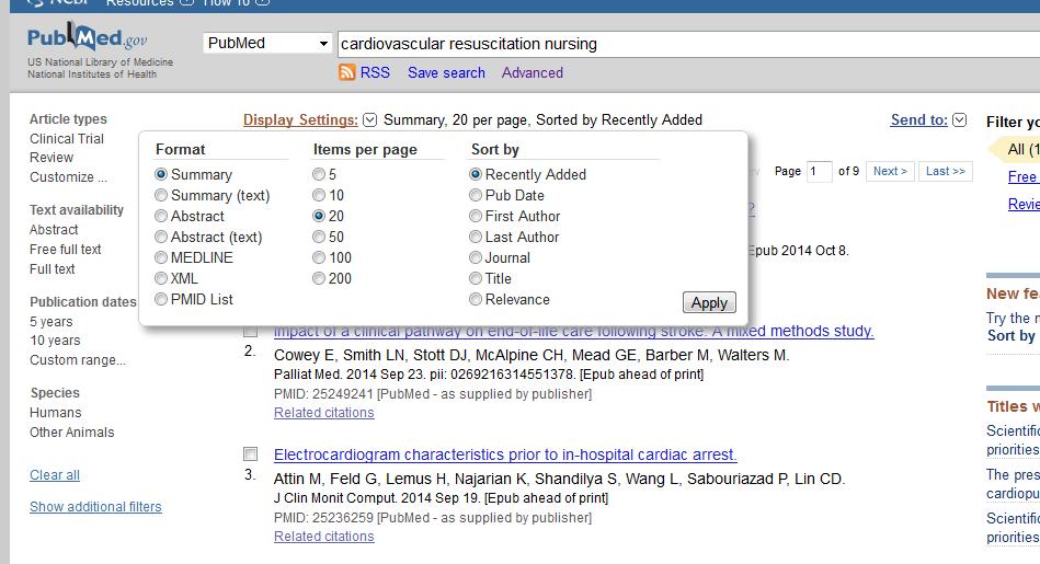 Visualizzazione dei records I risultati di ricerca di default vengono visualizzati in formato Summary Per cambiare il formato di visualizzazione, andare su Display settings e scegliere un altra