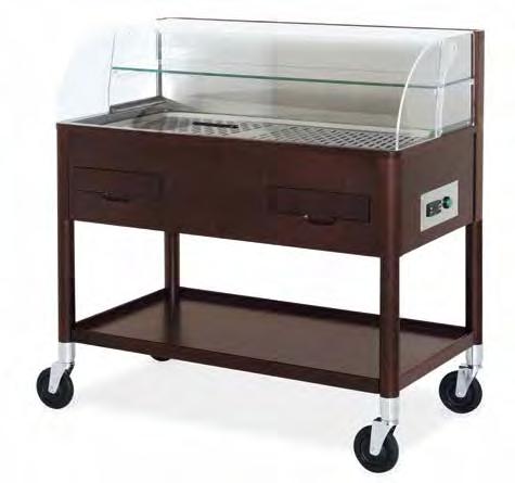 CARRELLI REFRIGERANTI PER DOLCI - FORMAGGI Struttura in legno massello con pannelli e ripiano in multistrato Schienale e piano espositivo refrigeranti in acciaio inox AISI 304 Foro sul fondo della