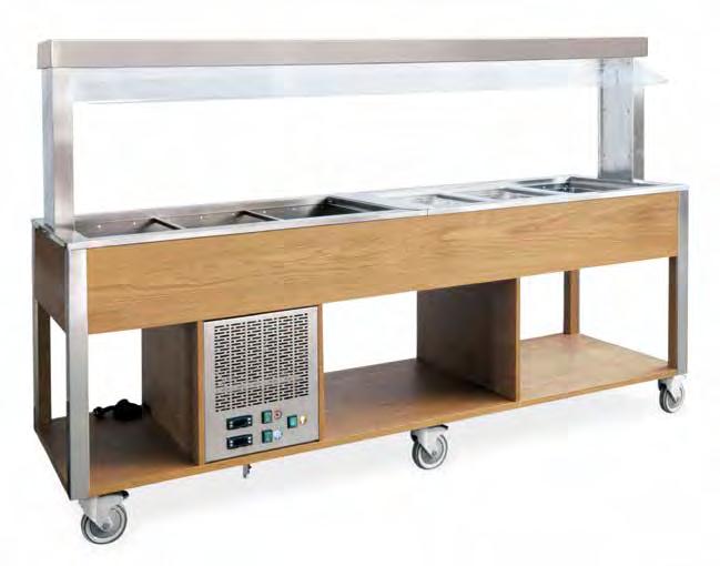 BUFFET MISTI FREDDO/CALDO CON PARAFIATO FISSO Gambe in legno massello rivestite esternamente in lamiera di acciaio inox AISI 304, finitura spazzolata Pannelli in legno multistrato Vasca in acciaio