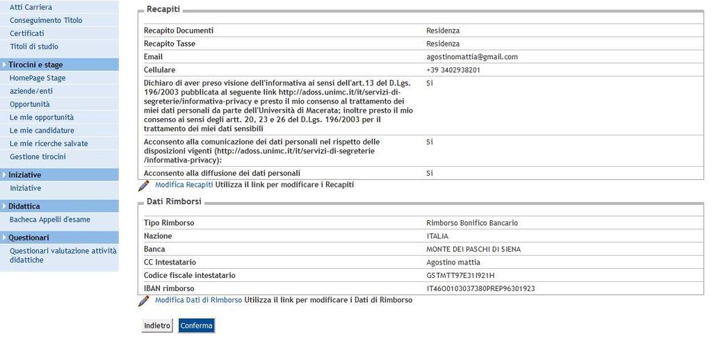 8. Per modificare i dati relativi ad eventuali rimborsi utilizzate il link Modifica Dati