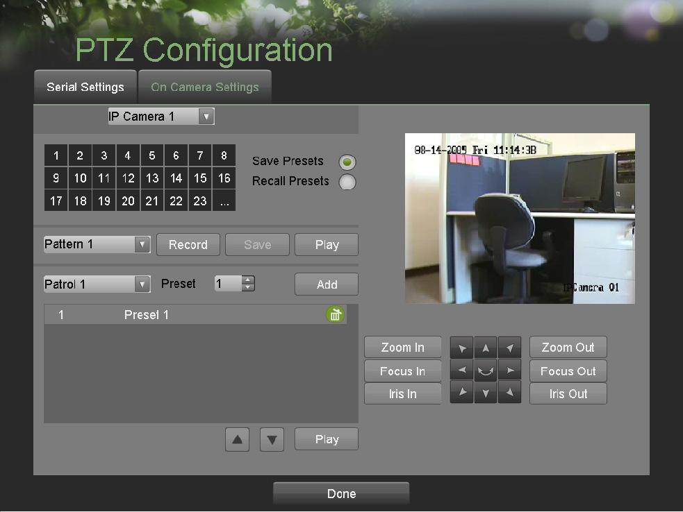 Figura 39. Menu PTZ Configuration (Configurazione PTZ) 2. Selezionare la pagina Serial Settings (Impostazioni Seriale). 3. Selezionare la camera che si desidera configurare sul menu a tendina in alto a sinistra.