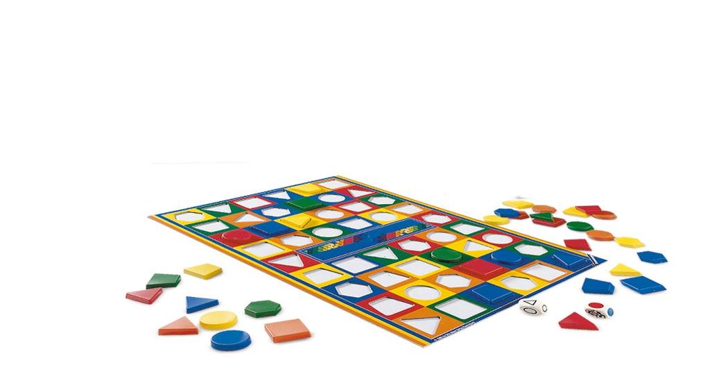 tabellone con 40 alloggiamenti, 40 tessere in 4 colori e 5 forme, 2 dadi: 1 colori