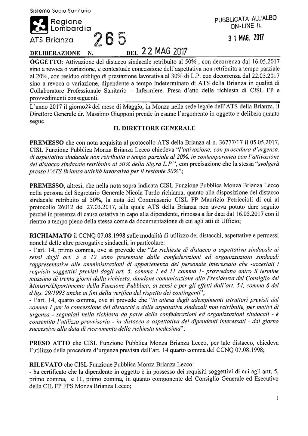 Sistema Socio Sanitario Regione Lombardia ATS Brianza 26 5 DELIBERAZIONE N.