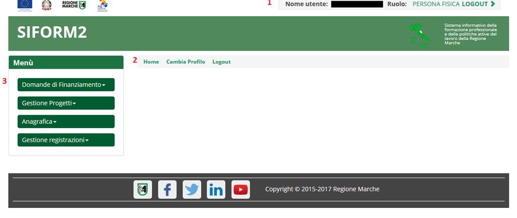 Selezionato il ruolo, viene mostrata la schermata principale del SIFORM 2.