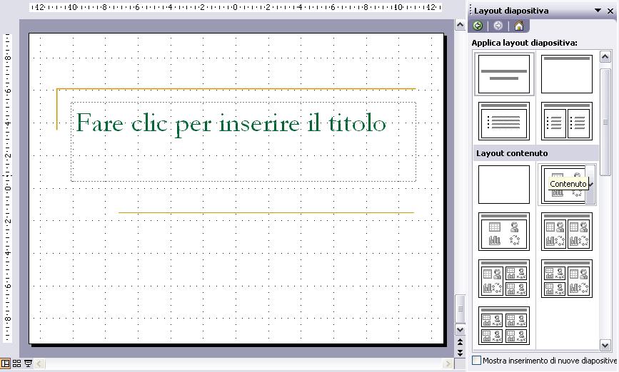 La prima diapositiva Dopo aver creato una nuova diapositiva, PowerPoint inserisce automaticamente una diversa dalle altre che seguiranno, questa