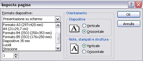 Impostare la pagina File Imposta Pagina È possibile impostare la dimensione delle diapositiva a seconda della destinazione scelta per la visualizzazione