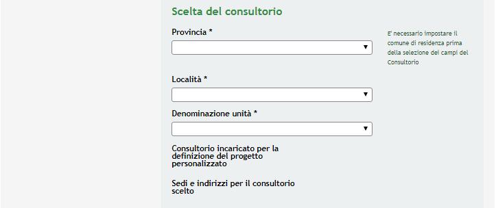 Figura 23 Scelta del consultorio Proseguire la compilazione indicando gli estremi del conto corrente su cui verrà effettuato il Pagamento bonus famiglia, indicare Situazione personale e familiare che