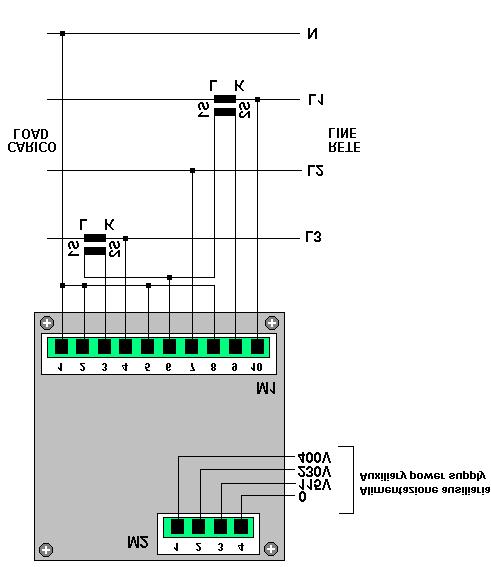 7. Collegamento fino a 500Vca trifase (3Ø+N) con 2 TA Figura 8: Collegamento fino a 500Vca concatenata