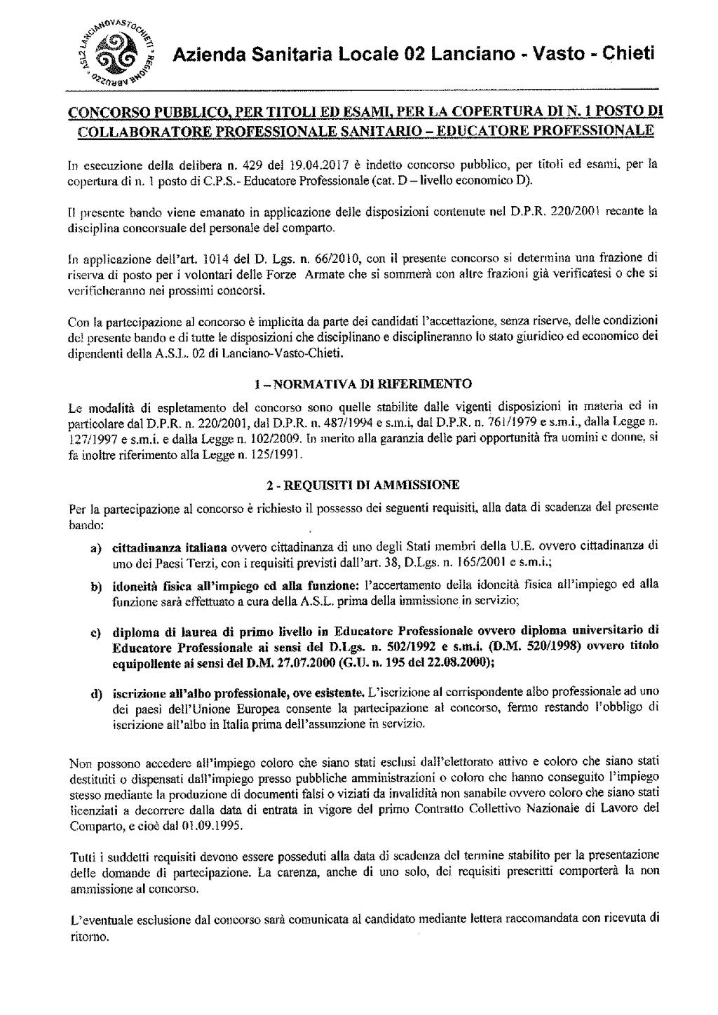 Anno XLVII N. 77 Speciale (07.07.2017) Bollettino Ufficiale della Regione Abruzzo Pag. 27 AZIENDA SANITARIA LOCALE N.