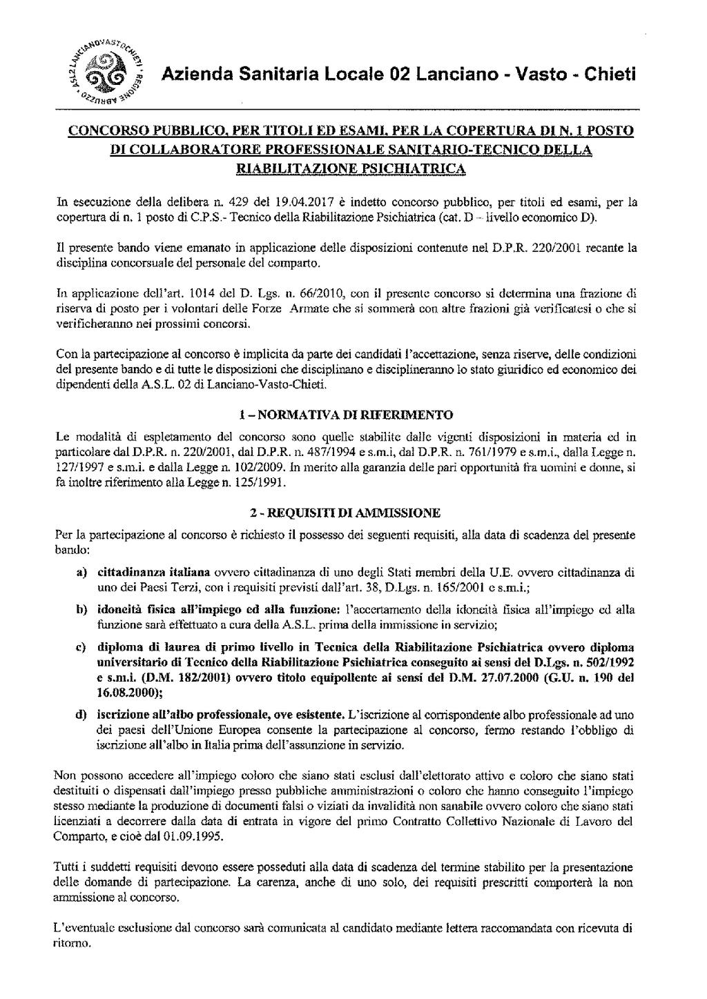 Anno XLVII N. 77 Speciale (07.07.2017) Bollettino Ufficiale della Regione Abruzzo Pag. 57 AZIENDA SANITARIA LOCALE N.