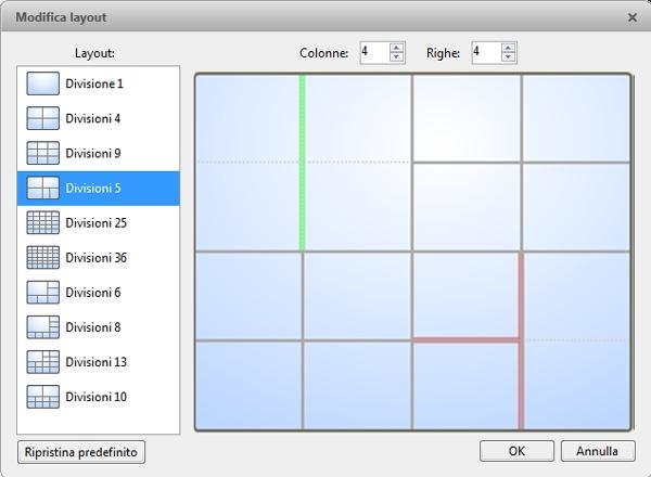 Modifica di un layout finestra Se i layout finestra di default non rispondono ai requisiti di sorveglianza, è possibile personalizzarne uno in base alle esigenze. 1.