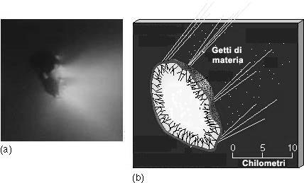 (a) Il nucleo della cometa di Halley fotografato dalla sonda Giotto nel 1986. (b) Una rappresentazione schematica del nucleo della cometa.