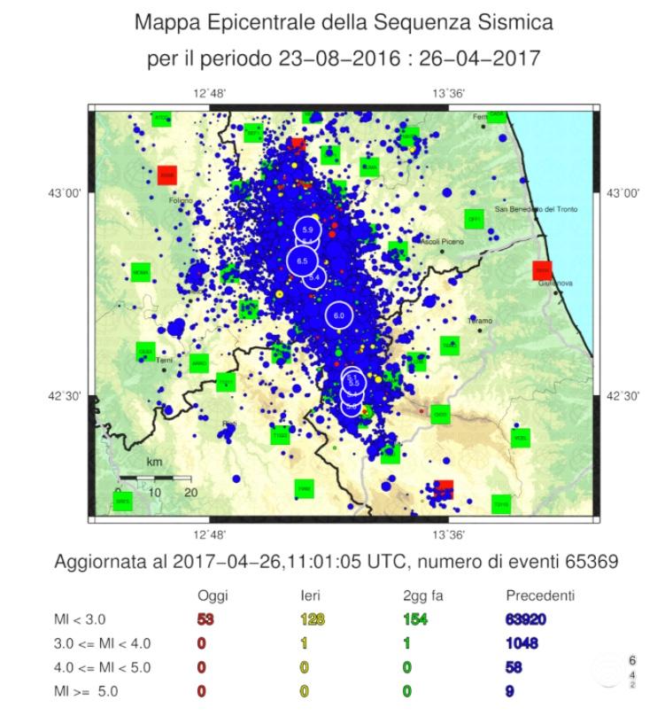 Figura 4: Mappa con le localizzazioni epicentrali e i conteggi degli eventi nelle varie classi di magnitudo aggiornata al 26 aprile 2017.