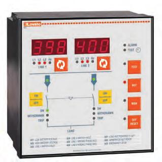 linee: - Sequenza e mancanza fase - Tensione massima e minima - Asimmetria tensione - Frequenza massima e minima Doppio display per monitoraggio linee principale e secondaria (ATL 20/30) 15 led di