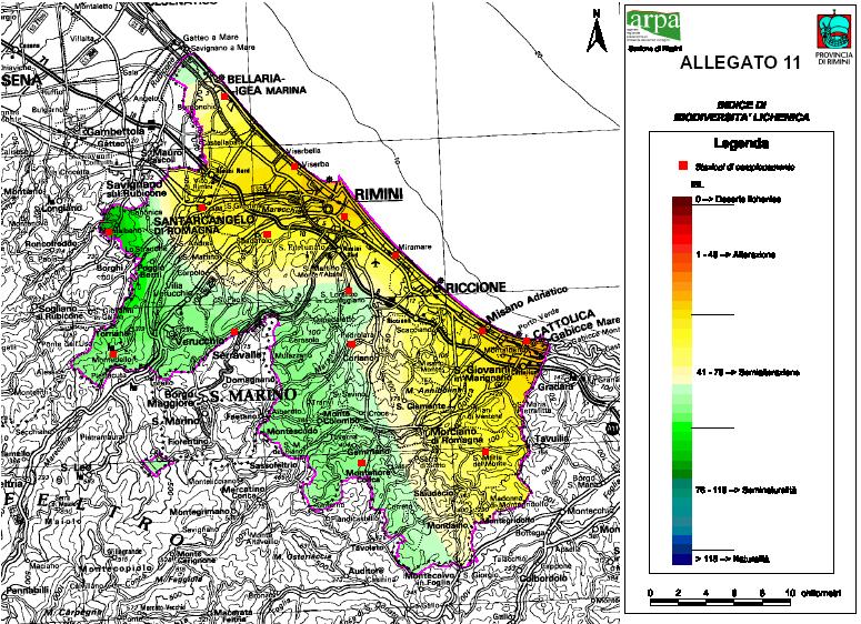 5.3 Biomonitoraggio della qualità dell aria nel territorio della provincia di Rimini mediante la biodiversità dei licheni epifiti anno 2003.