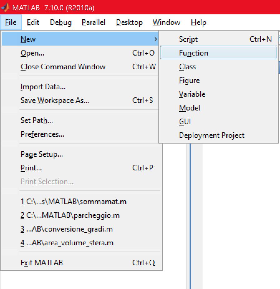 M-File Function (4) Le funzioni user-defined, per poter essere invocate, devono essere state precedentemente memorizzate (salvate) nel relativo M-File Function function [out1,out2,.