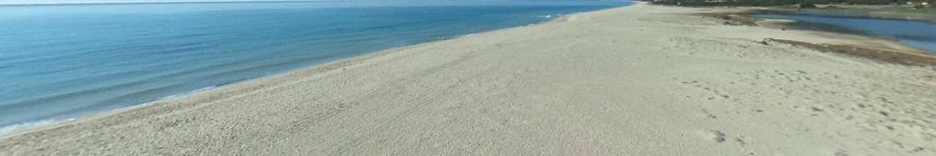 Alle spalle della spiaggia si distendono delle basse dune e uno stagno contornato da canne.