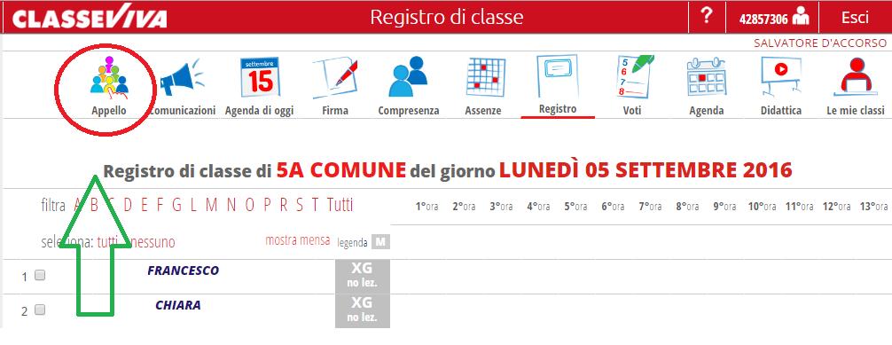 Appare la pagina Registro di Classe che visualizza per il Giorno corrente l elenco degli studenti e: per ciascuno studente, la sintesi delle informazioni relative ad assenze /