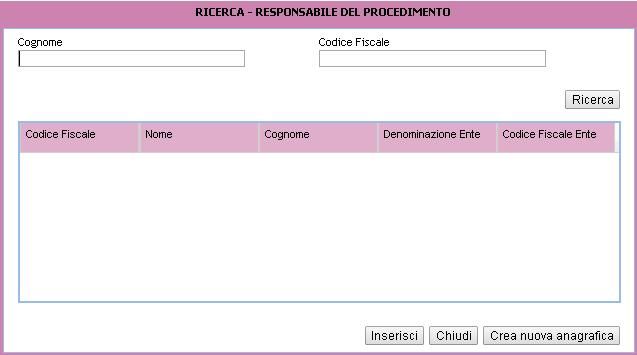 6.4 Campi di ricerca per inserimento dati 6.4.1 Responsabile Procedimento Questa finestra prevede, come pre-requisito per effettuare la ricerca, l'inserimento di almeno 3 caratteri nel campo "Cognome" o "Codice Fiscale".