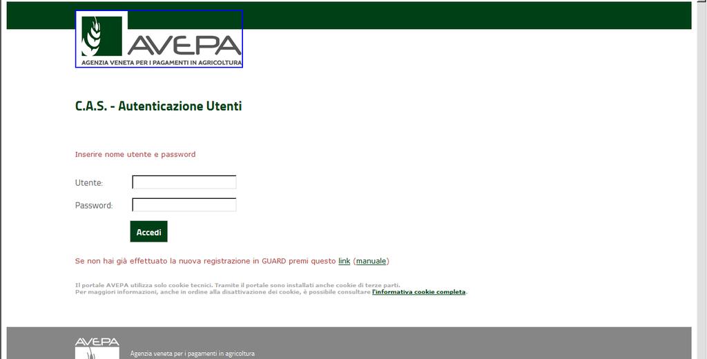 Accedere al sito di Avepa Applicativi - Accesso Applicativi Avepa dichiarando il proprio identificativo (ID Utente) e la parola chiave (Password).