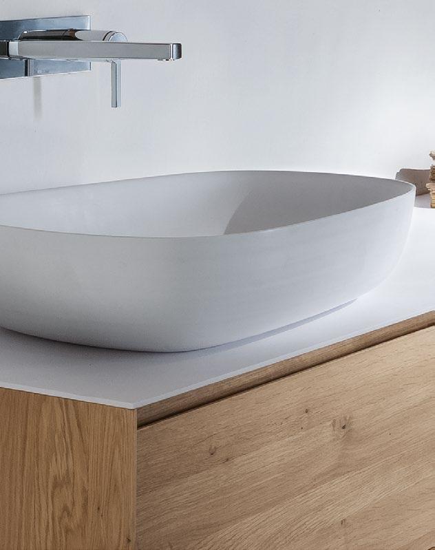 / furniture with on top side basin, top in Cristalplant, drawers and grooved handle. Picture: on top basin mod.