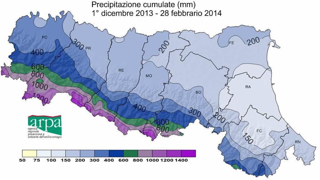 Ancora piogge elevatissime nell inverno 2014 Pracchia (600m) : 1284 mm (precedente record fra il 1926-2012, 1322mm/70gg - Autunno 1926) Monte Acuto delle