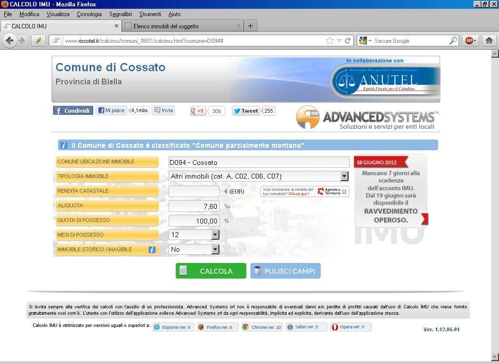 Schermata principale All apertura della pagina web compare la schermata riportata qui di seguito: In questa finestra è possibile inserire i dati propedeutici al calcolo dell IMU: - tipo di immobile