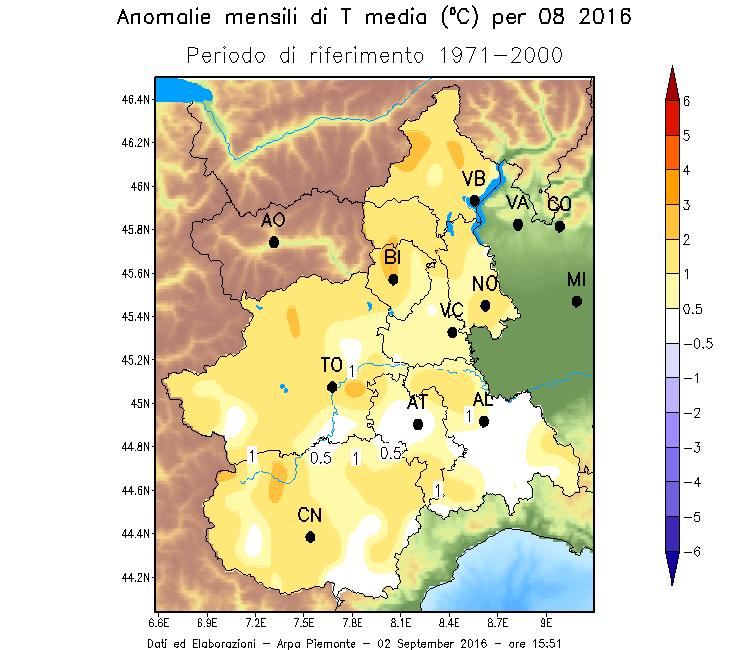 Figura 5 - Anomalia della temperatura media In Piemonte nel mese di agosto 2016 rispetto alla norma 1971-2000 La Figura 5 evidenzia che sostanzialmente su tutto il territorio piemontese le