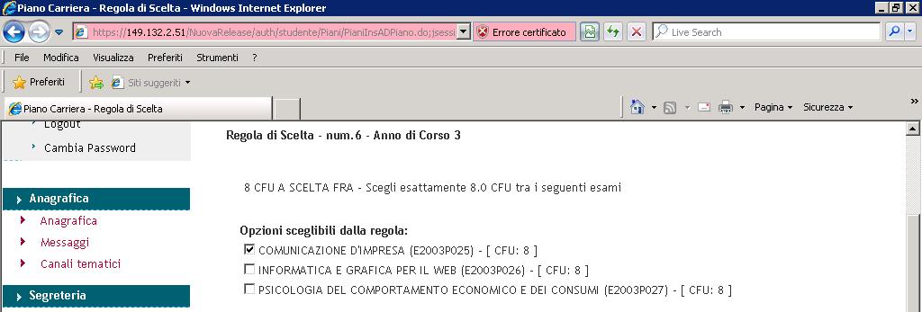 Schermata per 8 CFU a scelta guidata III anno CP.