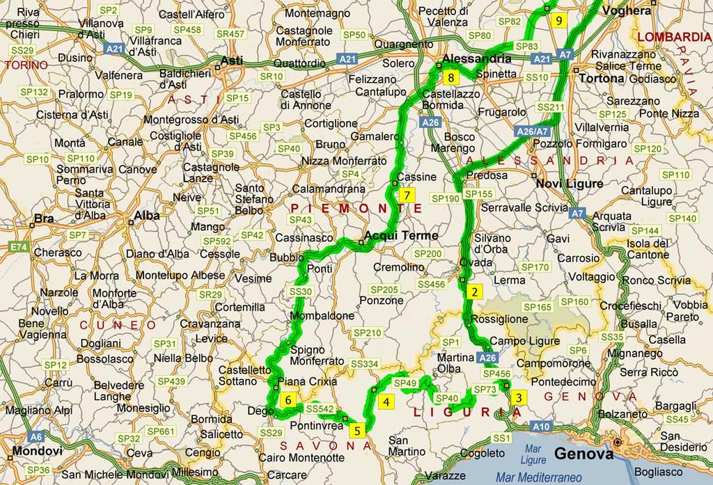 0 km 10 20 30 40 10.49 164,1 km Svoltare a DESTRA (Nord-Est) su SS334 [Strada statale del Sassello] per 0,1 km 10.