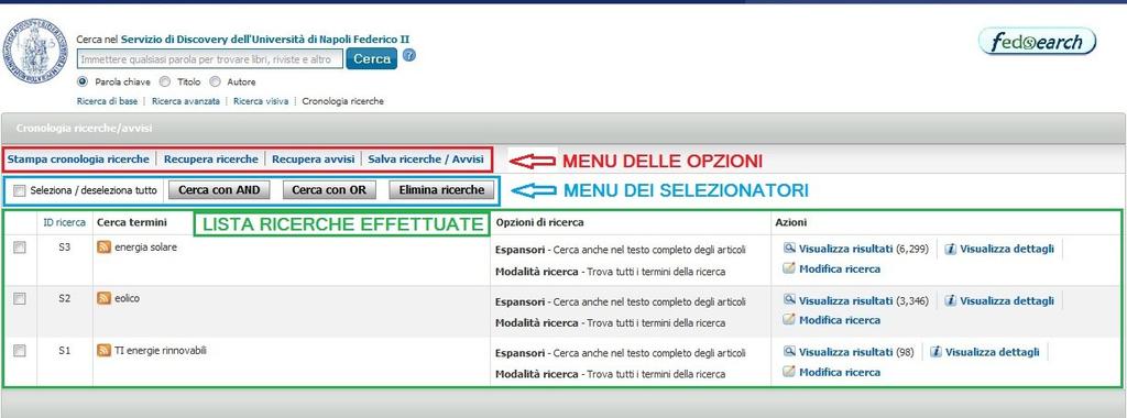 Cronologia ricerche L ultimo link a disposizione nel menu dell Area per la ricerca è la Cronologia ricerche. Cliccando su questo link, fedsearch apre il pannello Cronologia ricerche/avvisi.