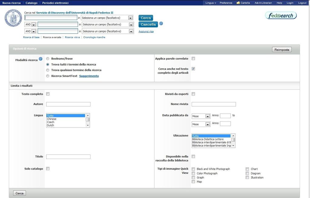 Ricerca avanzata Se dalla homepage di fedsearch si clicca sul tasto Ricerca avanzata (subito sotto il campo Cerca) si apre una schermata che presenta: - la Barra dei menu - l Area per la ricerca