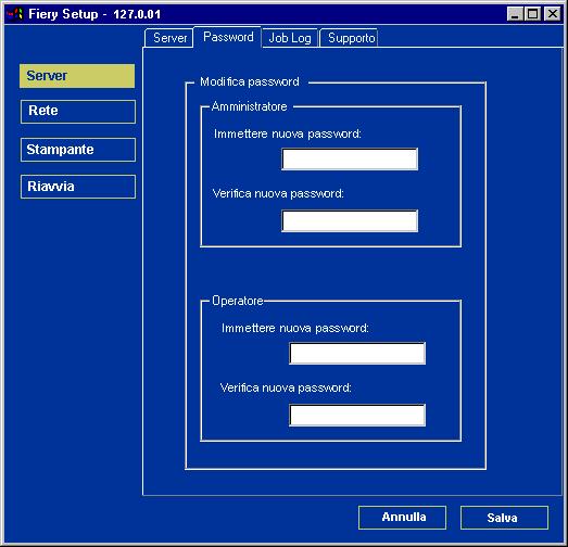 GESTIONE DI FIERY 50 Password da un computer in rete È possibile modificare la password dell amministratore e dell operatore da WebSetup o Command WorkStation, Windows Edition.