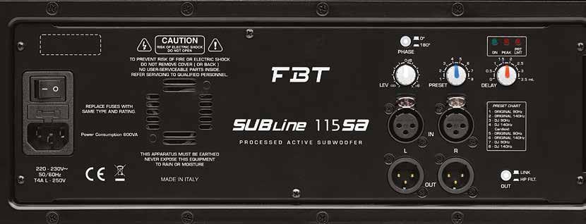 SUBLine 115Sa Processed active subwoofer 700W RMS - 132/135dB SPL Subwoofer reflex compatto dotato di grande SPL e punch Woofer custom da 380mm (15 ) ad alta escursione con bobina da 75mm (3 )