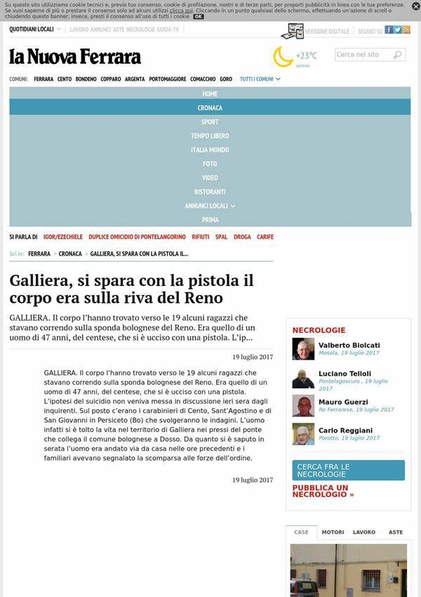 19 luglio 2017 lanuovaferrara.it Cronaca Galliera, si spara con la pistola il corpo era sulla riva del Reno GALLIERA.