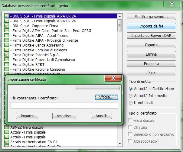 Nella finestra Database personale dei certificati selezionare Importa da file e nella successiva maschera cliccare su