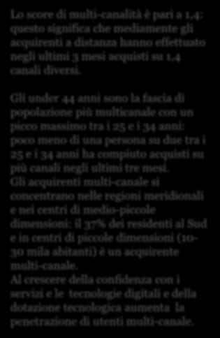 1,2 1,2 Tra 55 e 64 anni Più di 65 anni 1,1 1,1 1,3 1,3 1,5 1,4 1,4 Score multi-canalità= 1,4 *Lo score di multi-canalità è ottenuto pesando la penetrazione di ciascun segmento (acquirente