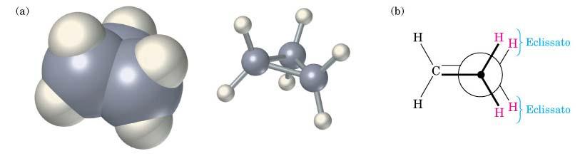 Conformazione del ciclopropano. L eclissamento dei legami C-H adiacenti determina tensione torsionale. La parte (b) è una proiezione di Newman lungo un legame C-C.