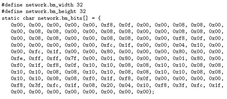 X BitMap (XBM) Formati grafici di cursori per il sistema X Formato di memorizzazione ASCII Bianco e nero Porzione di codice scritto in C 2 clausole