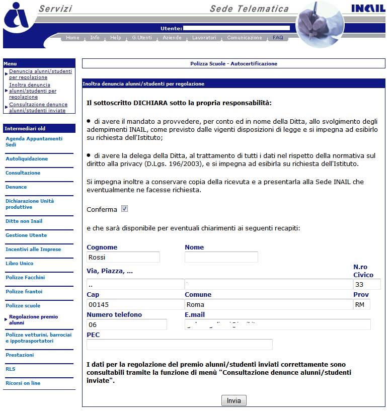 Figura 11 L utente sottoscrive la dichiarazione inserendo un flag nella casella Conferma. I dati anagrafici riportati in automatico nei relativi campi non sono modificabili tranne il campo E.