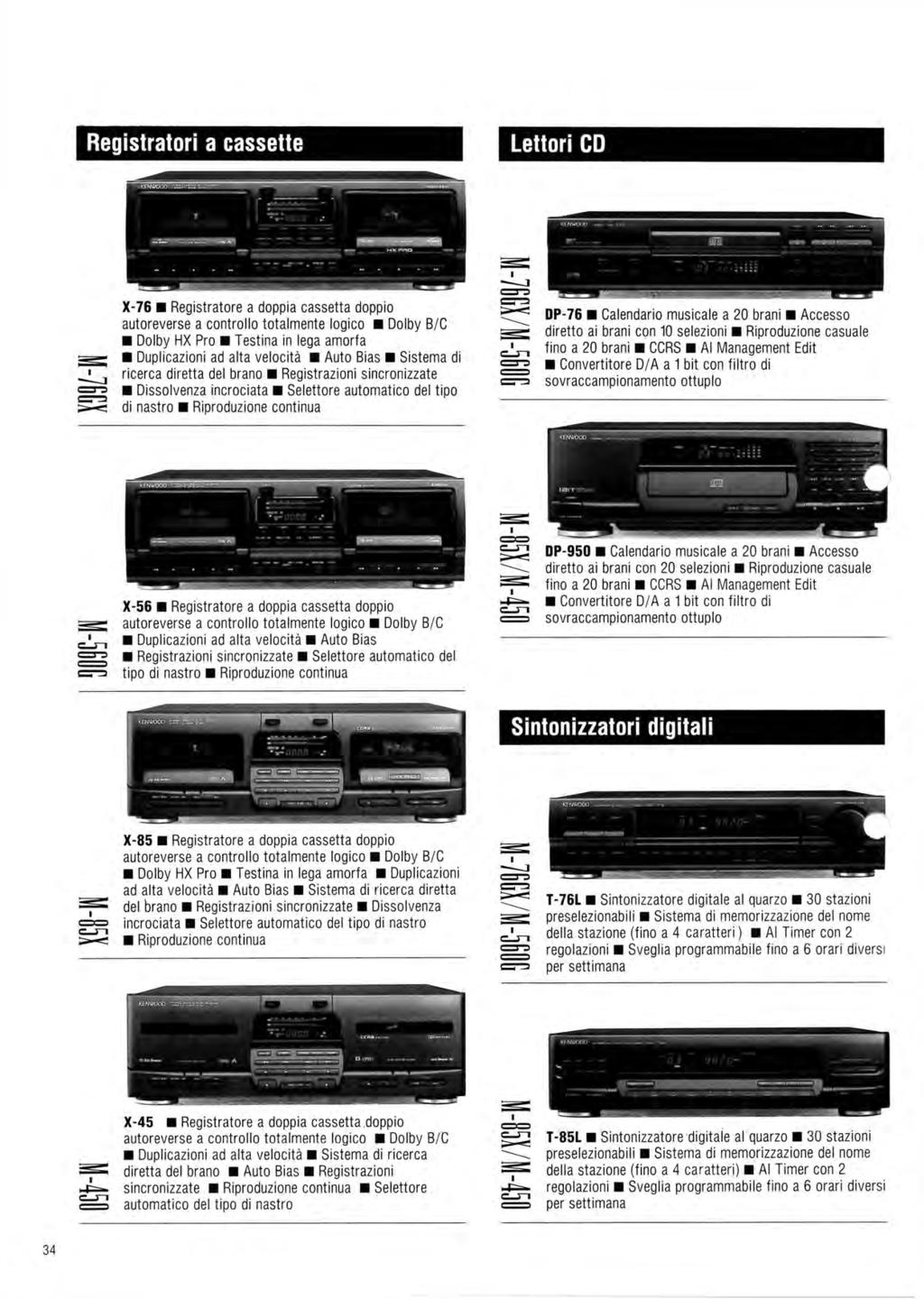 Registratori a cassette Lettori CD i-m M-ai, M-85X X-76 Registratore a doppia cassetta doppio autoreverse a controllo totalmente logico Dolby B/C Dolby HX Pro Testina in lega amorfa Duplicazioni ad