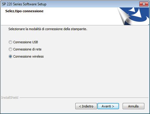 Connessione della macchina tramite (solo serie SP 220) Windows dsh041 Configurazione semplificata tramite CD-ROM 5. Selezionare [Connessione wireless].