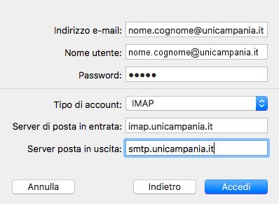 ovvero: Server di posta in arrivo (in caso di account di tipo IMAP): imap.unicampania.