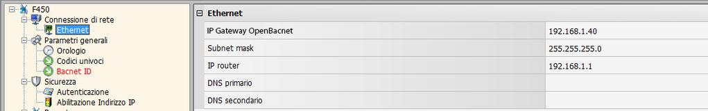 Configurazione: IP Gateway OpenBacnet e Subnet mask Inserire i parametri tipici delle reti con protocollo TCP/IP, necessari all individuazione del dispositivo all interno della rete locale.