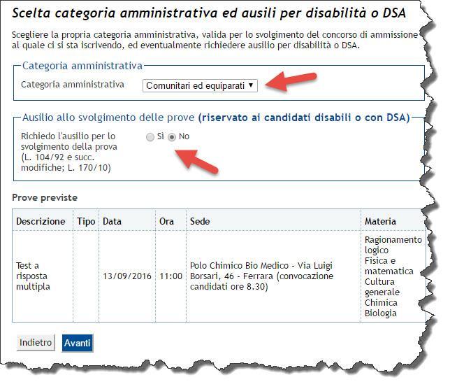 preferenze SOLO NEL CASO IL CONCORSO SCELTO LO PREVEDA il sistema proporrà di scegliere l