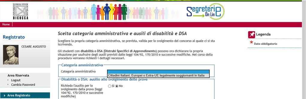 Scelta della categoria amministrativa e richiesta ausili per disabilità o DSA: indicare la